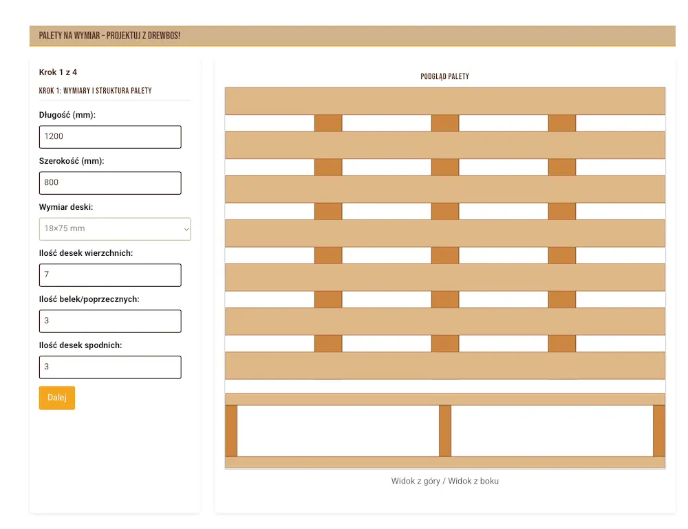 konfigurator palet drewbos z wizualizacja w czasie rzeczywistym i i automatycznym przesylaniem zamowienia
